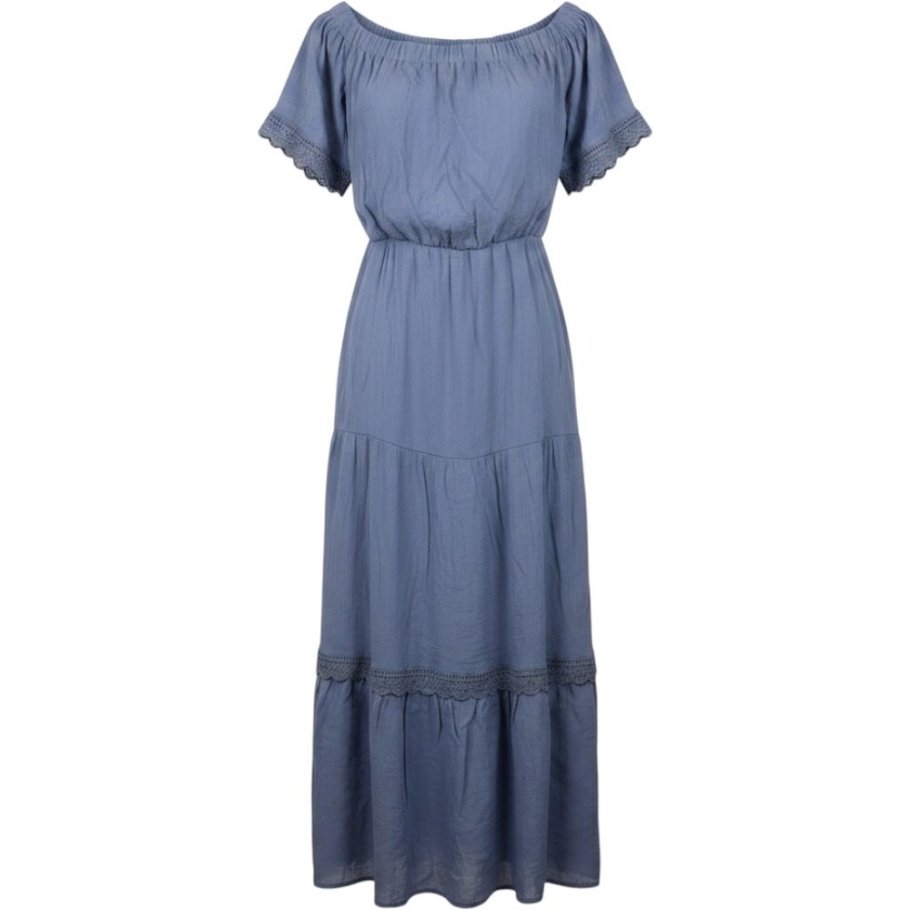 AUW Periwinkle Blue Off The Shoulder‎ Crochet Lace Trim Tiered Maxi Dress Small